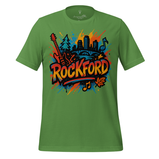 Green Rockford Graphic T-Shirt with colorful city skyline, guitar, and musical notes design