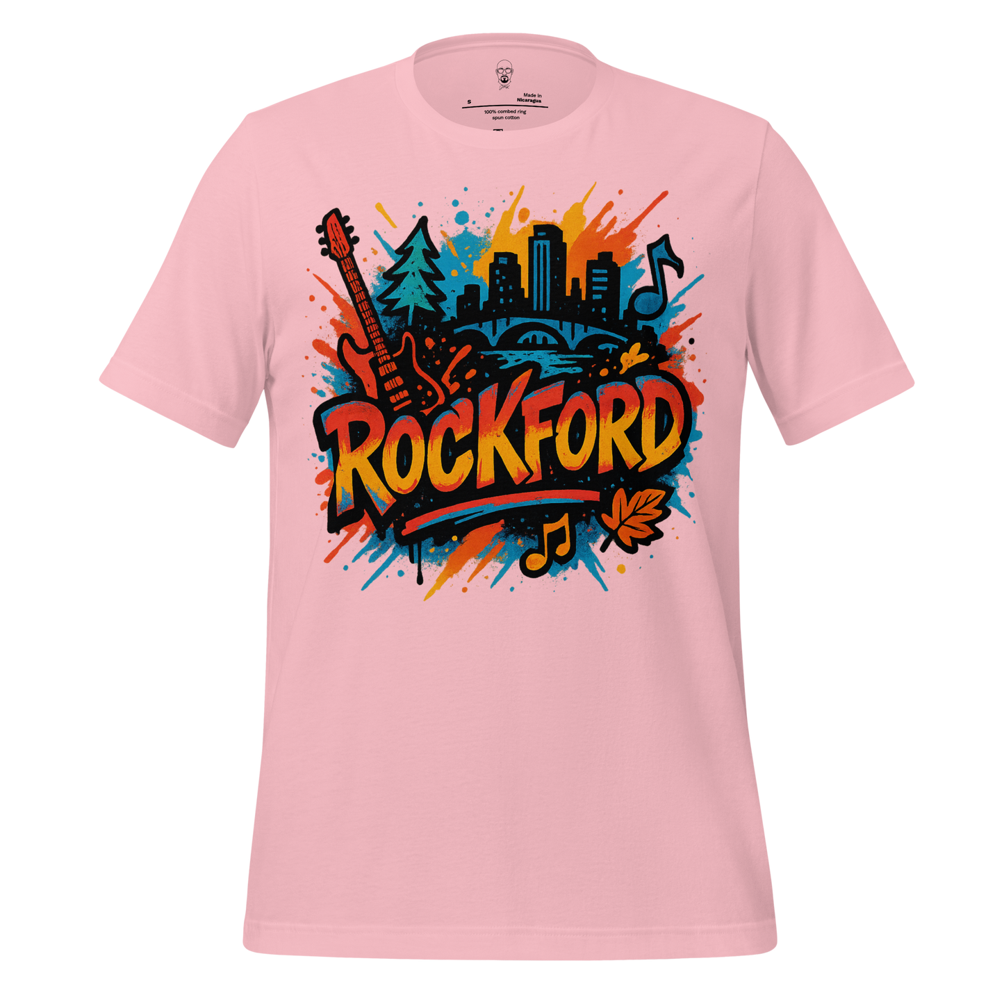Pink Rockford Graphic T-Shirt with colorful city skyline, guitar, trees, and music notes design