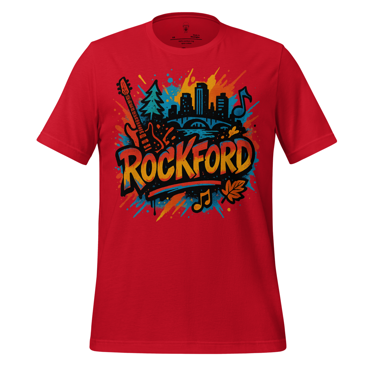 Red Rockford Graphic T-Shirt with colorful city skyline and music design by JMK Drip