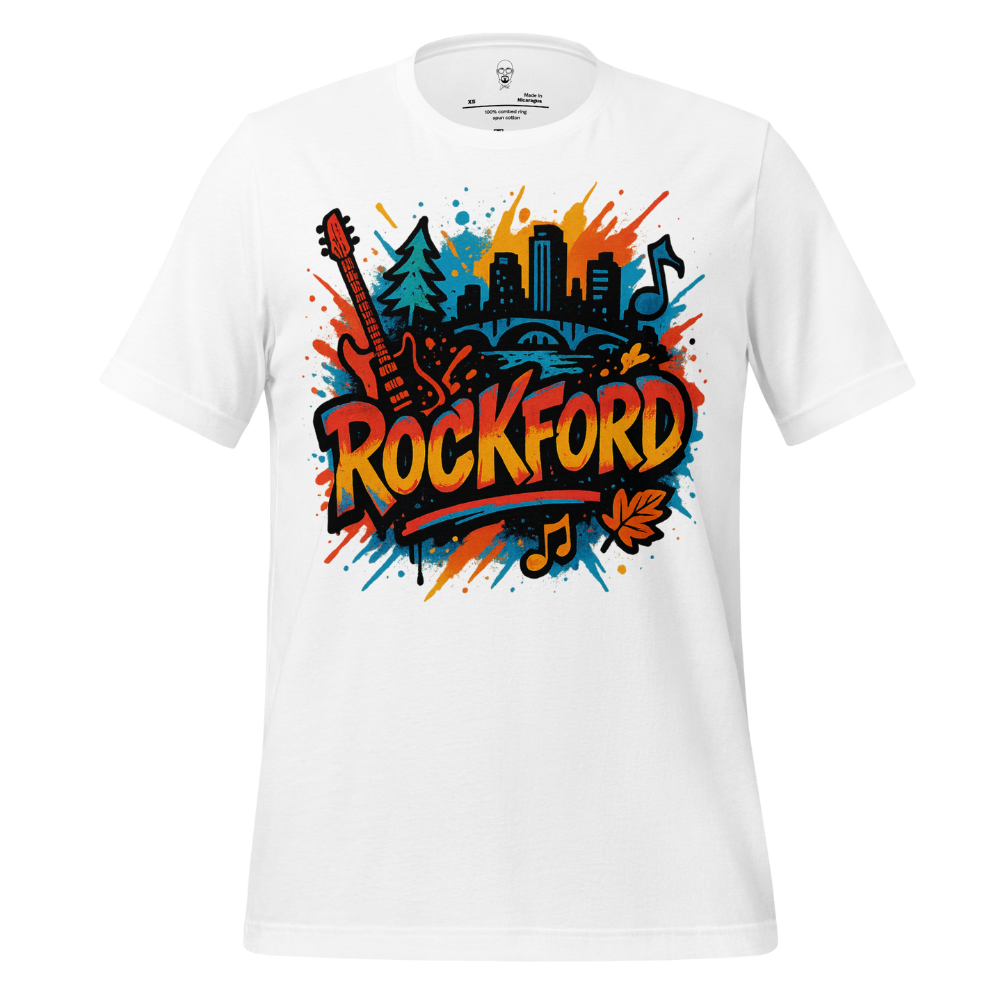 White Rockford Graphic T-Shirt with colorful cityscape, guitar, and music note design