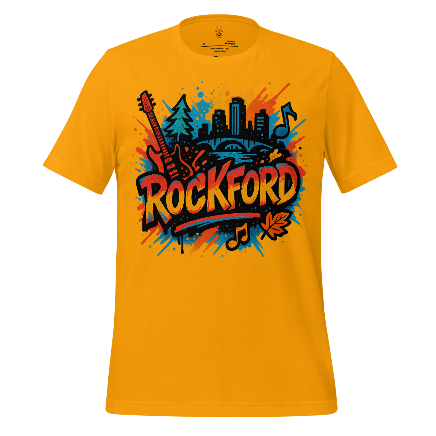 JMK Drip yellow Rockford Graphic T-Shirt with city skyline, guitar, and music notes design