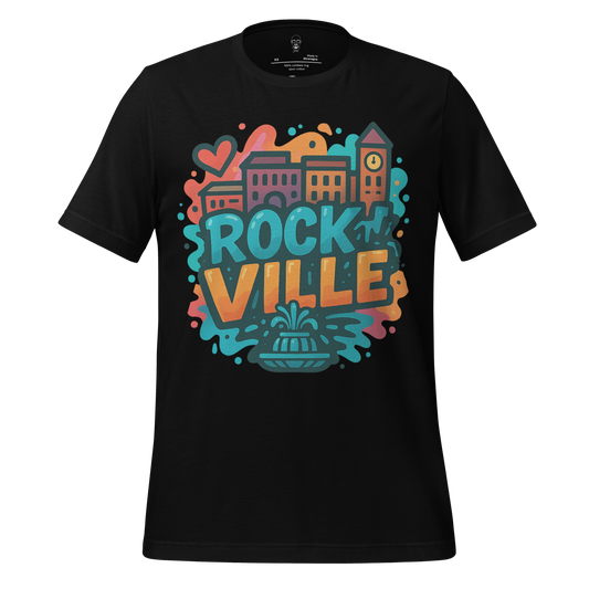 Black Rockville Graphic T-Shirt by JMK Drip featuring colorful cityscape design with clock tower and fountain