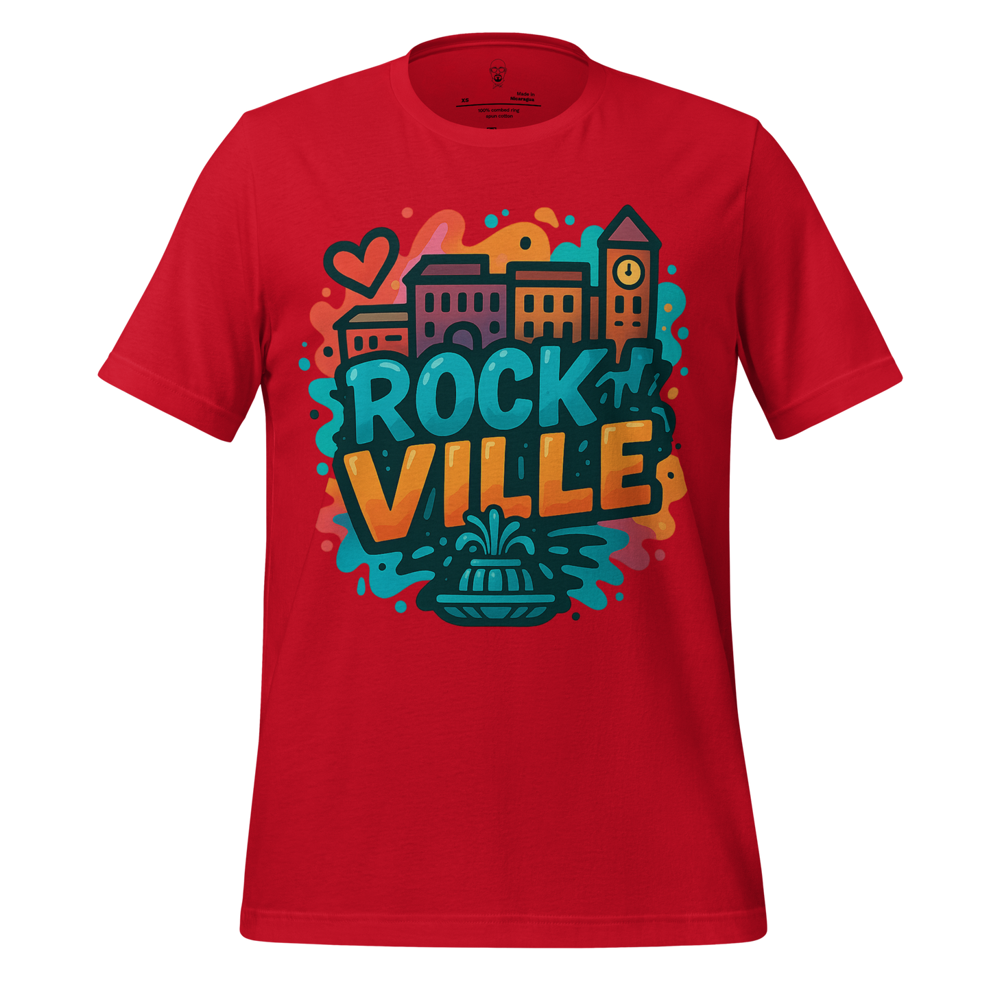 Red Rockville Graphic T-Shirt by JMK Drip featuring colorful cityscape and fountain design