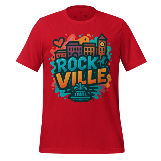 Red Rockville Graphic T-Shirt by JMK Drip featuring colorful cityscape and fountain design