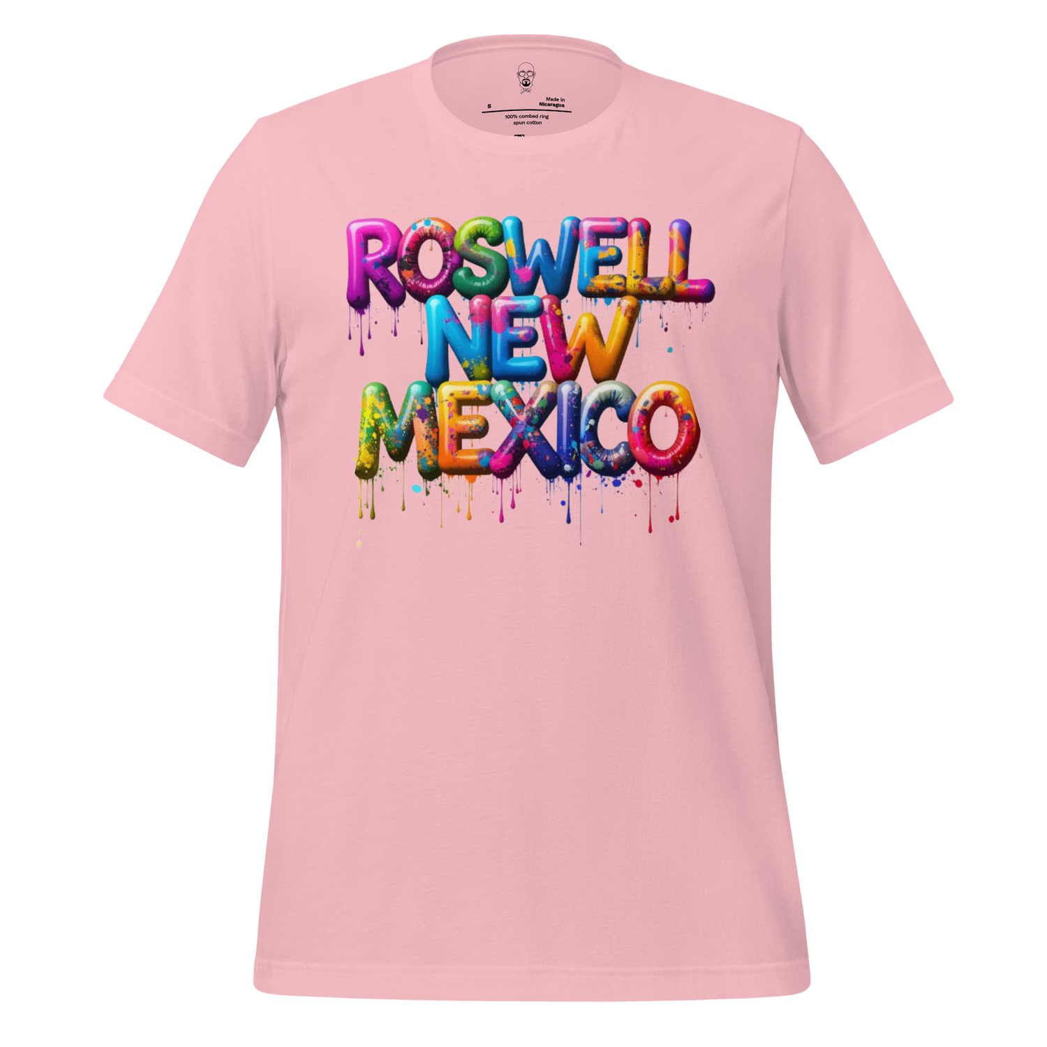 Pink Roswell New Mexico T-shirt by JMK Drip with colorful dripping paint design on front