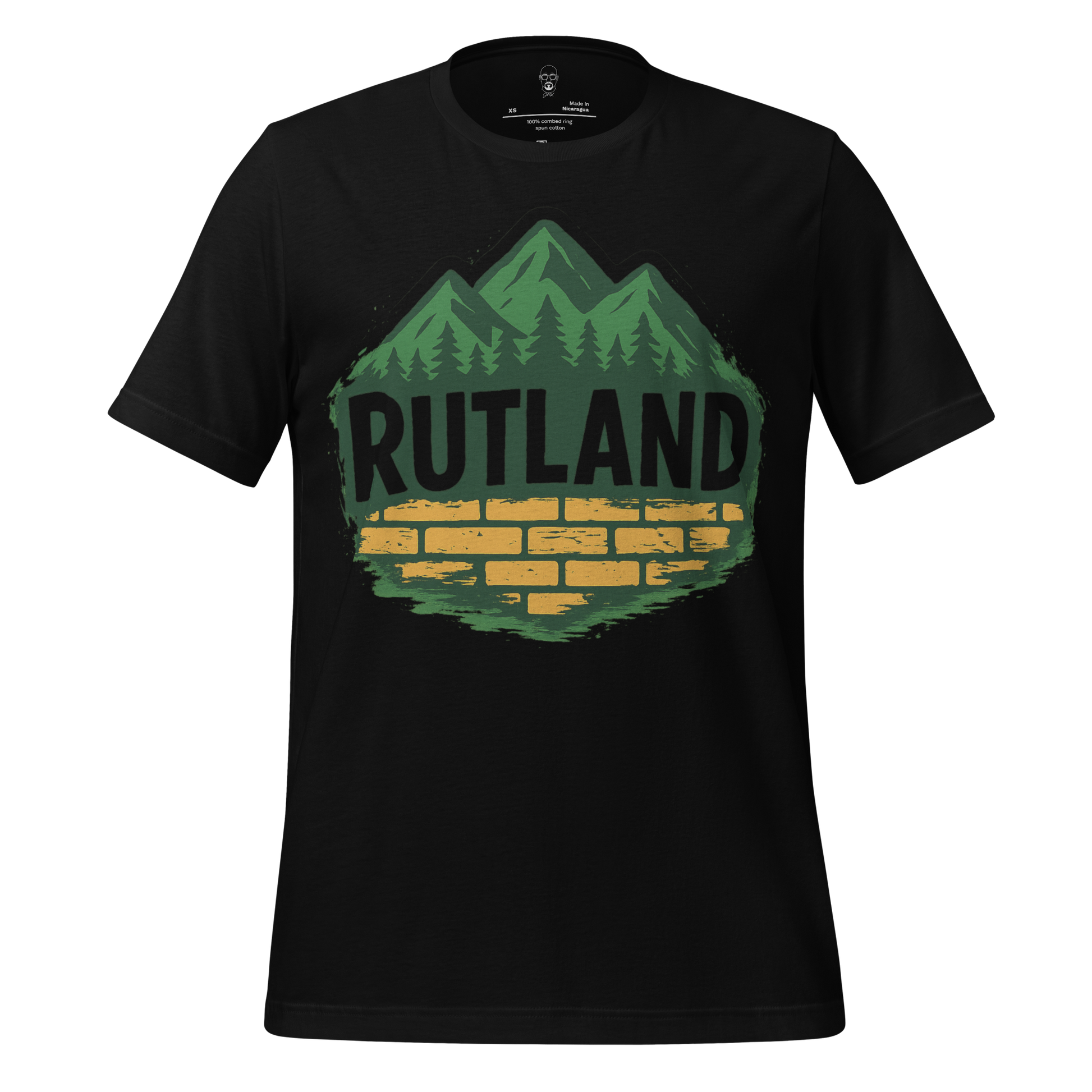 Black Rutland graphic t-shirt with green mountains and yellow brick design by JMK Drip