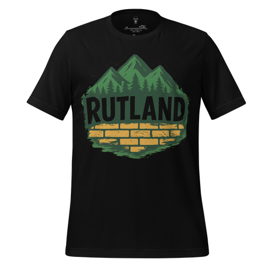 Black Rutland graphic t-shirt with green mountains and yellow brick design by JMK Drip