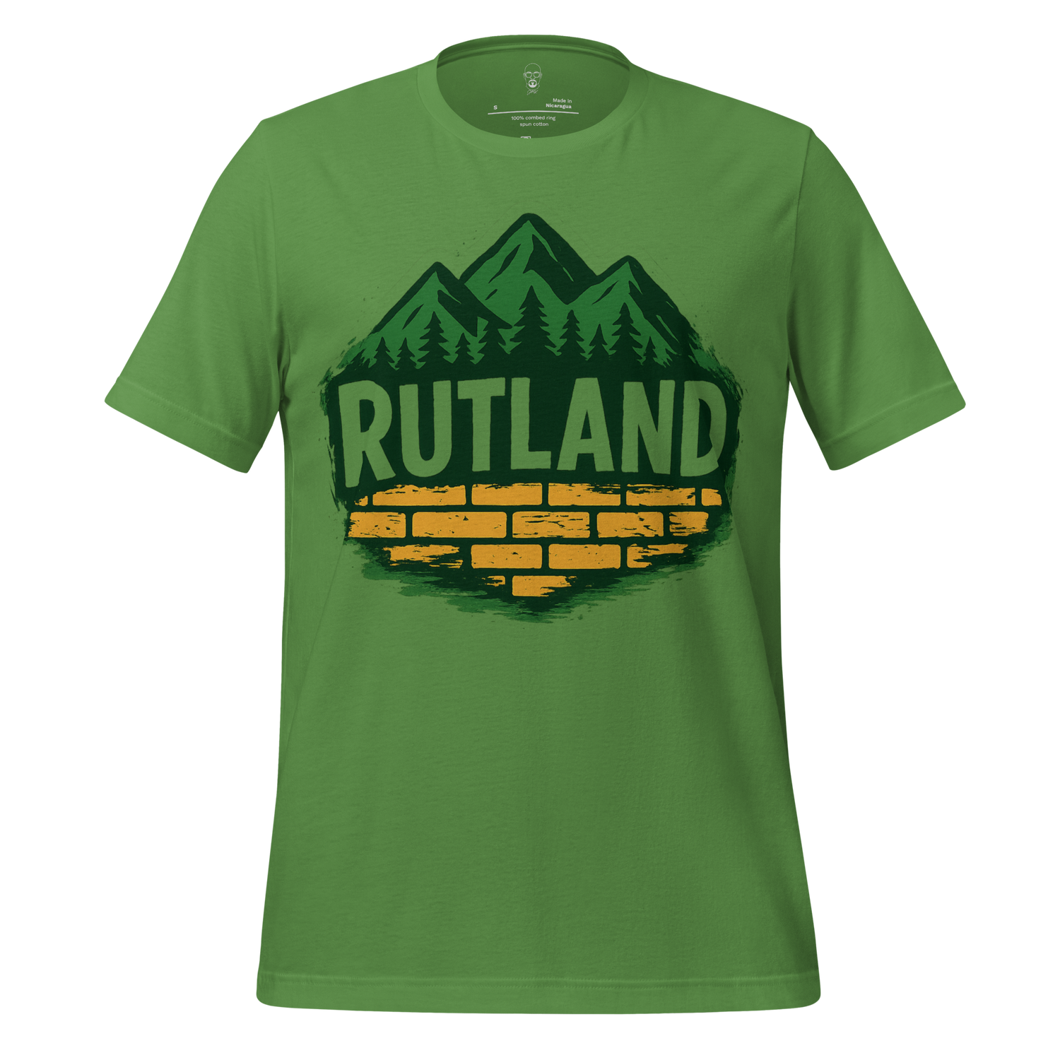 Green Rutland graphic t-shirt featuring mountain and forest design with yellow brick pattern