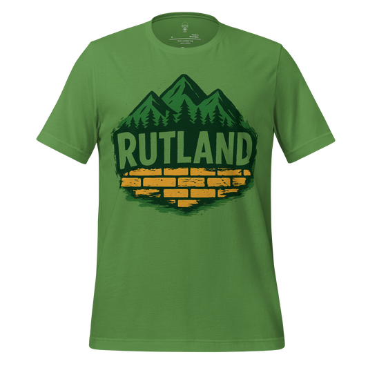 Green Rutland graphic t-shirt featuring mountain and forest design with yellow brick pattern