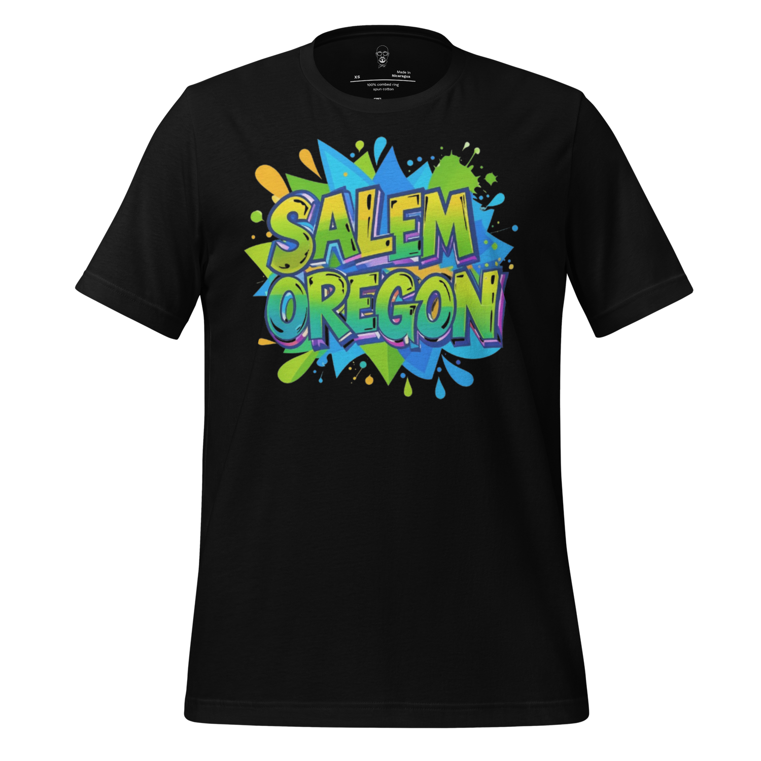 Black Salem Oregon graphic t-shirt with colorful graffiti style design by JMK Drip