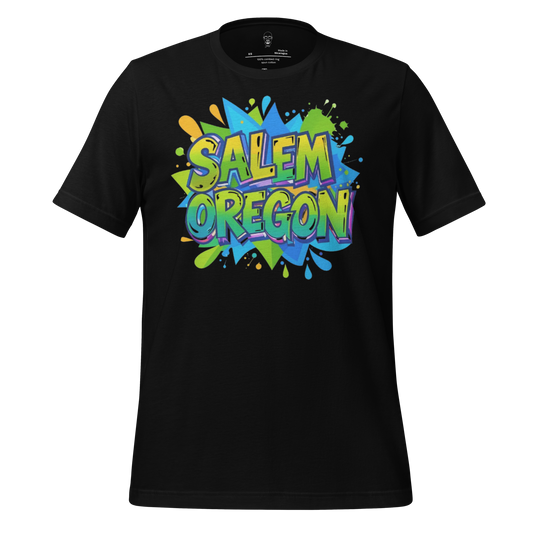 Black Salem Oregon graphic t-shirt with colorful graffiti style design by JMK Drip