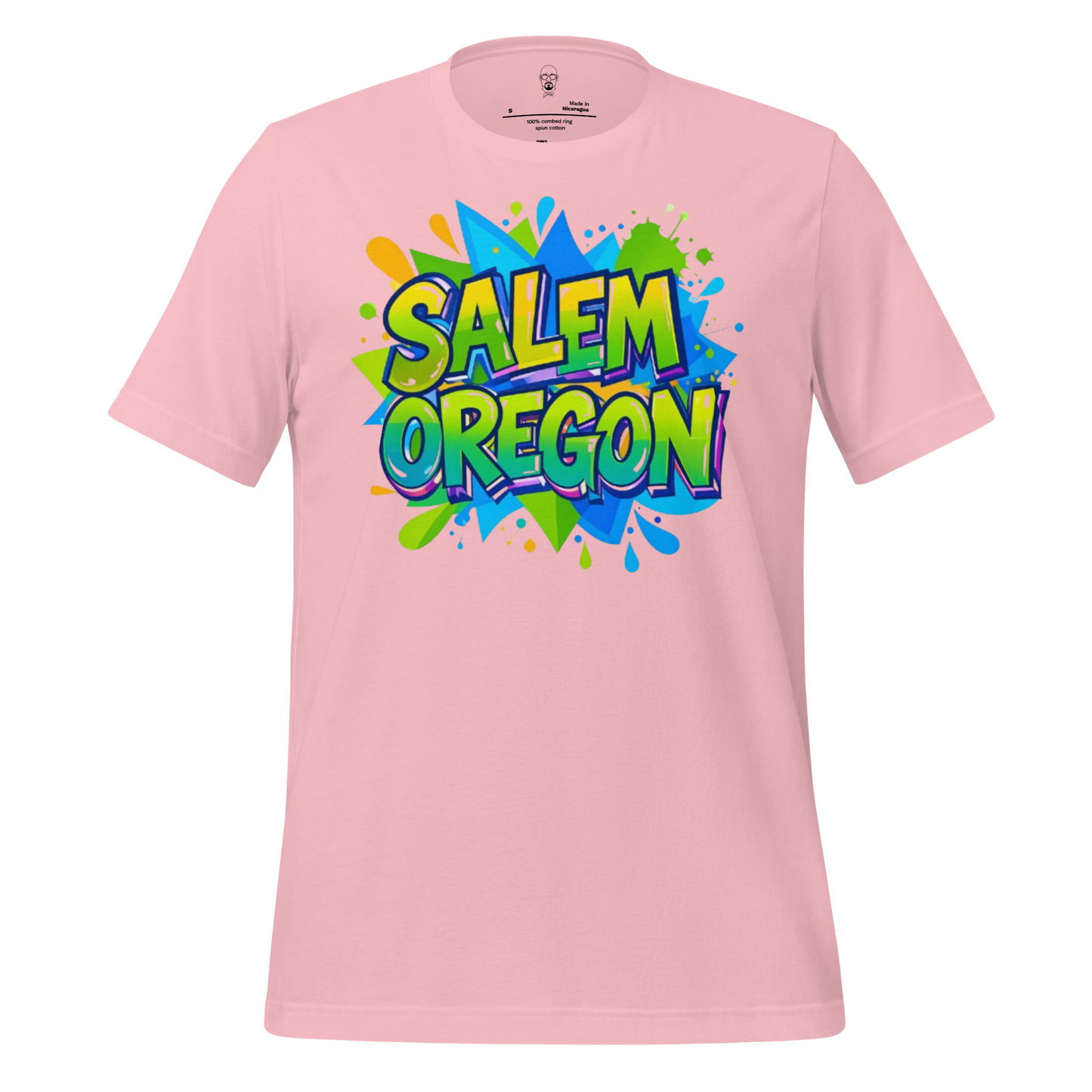 Pink Salem Oregon graphic t-shirt with colorful graffiti style design by JMK Drip