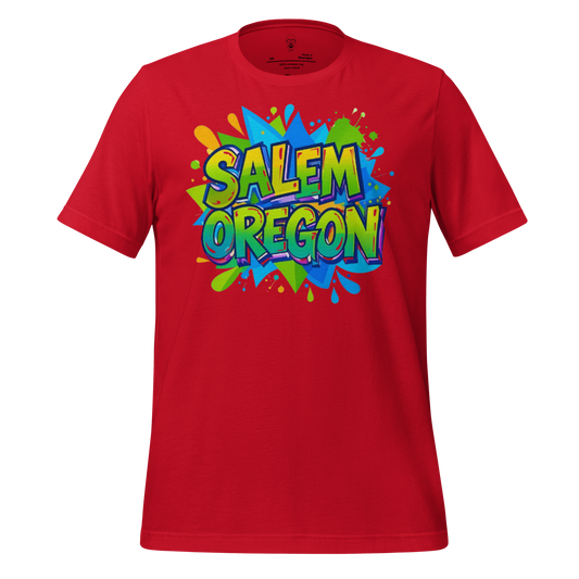 Red Salem Oregon graphic t-shirt with colorful graffiti style design by JMK Drip