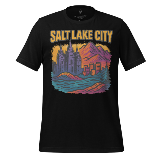 Black Salt Lake City graphic t-shirt with colorful mountain and cityscape design by JMK Drip