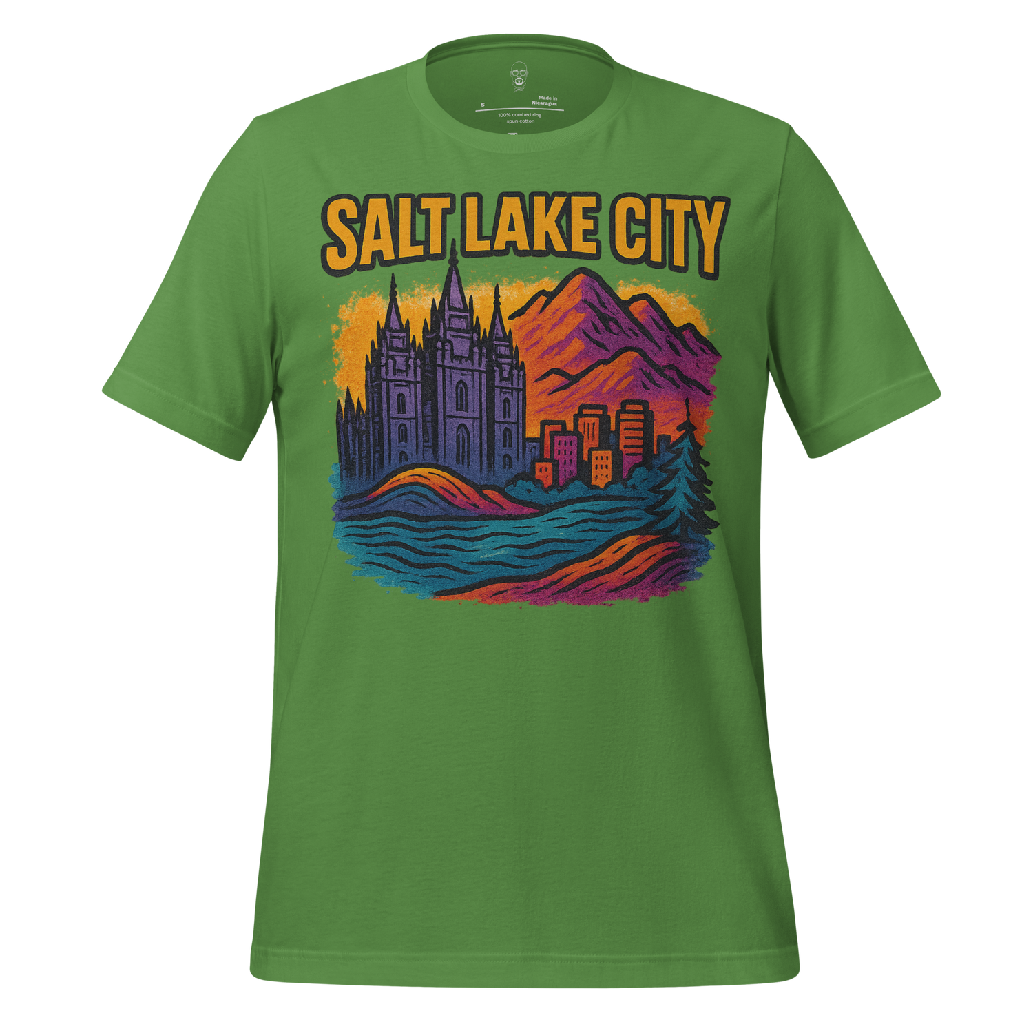 Green Salt Lake City graphic t-shirt with colorful cityscape, temple, mountains, and river design