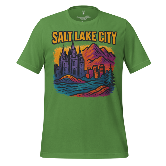 Green Salt Lake City graphic t-shirt with colorful cityscape, temple, mountains, and river design