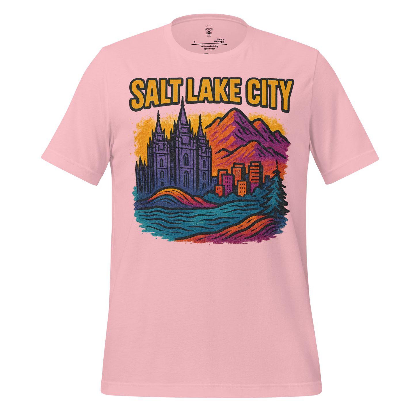 Pink Salt Lake City graphic t-shirt with colorful cityscape, mountains, and temple illustration