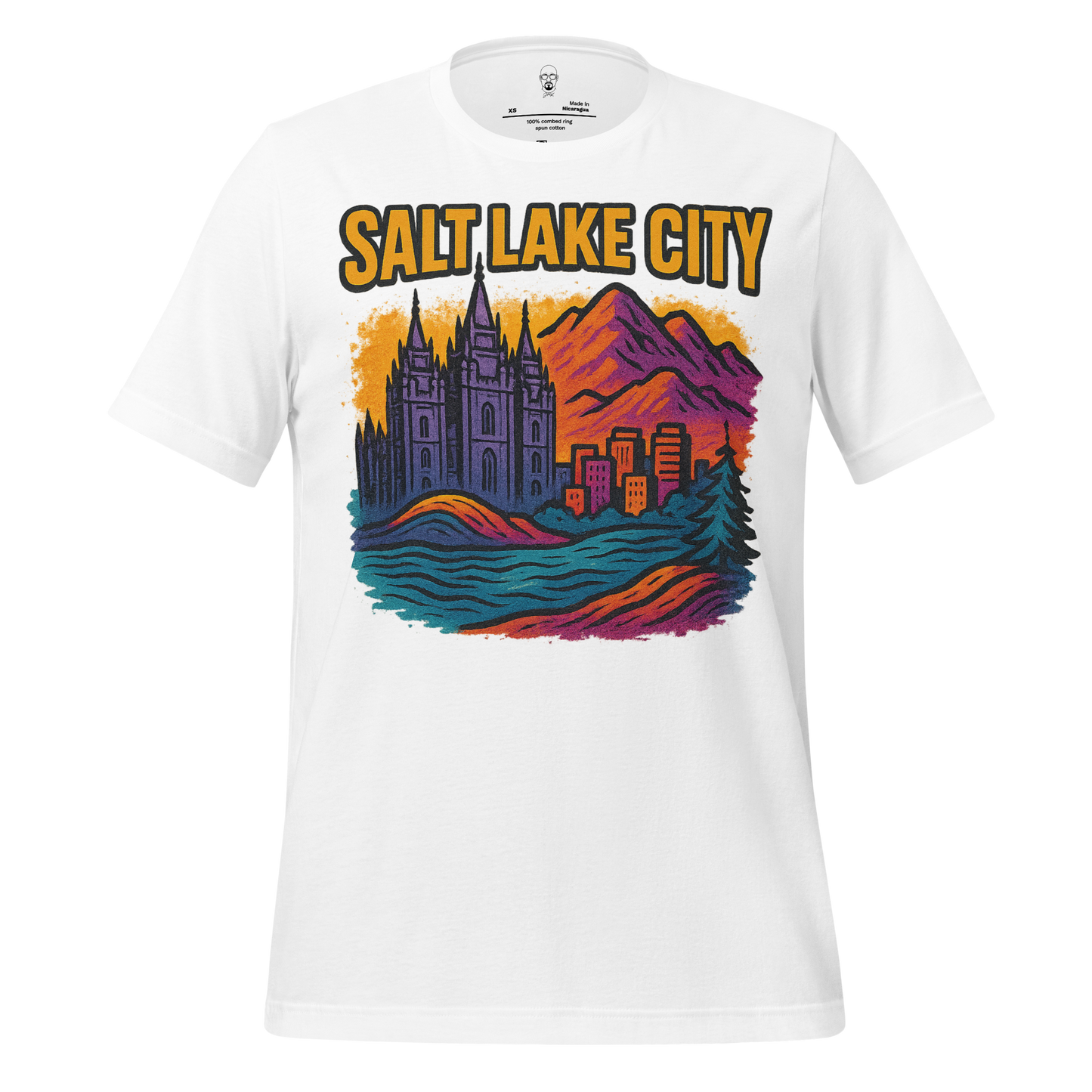 White Salt Lake City graphic t-shirt featuring cityscape with mountains and trees design
