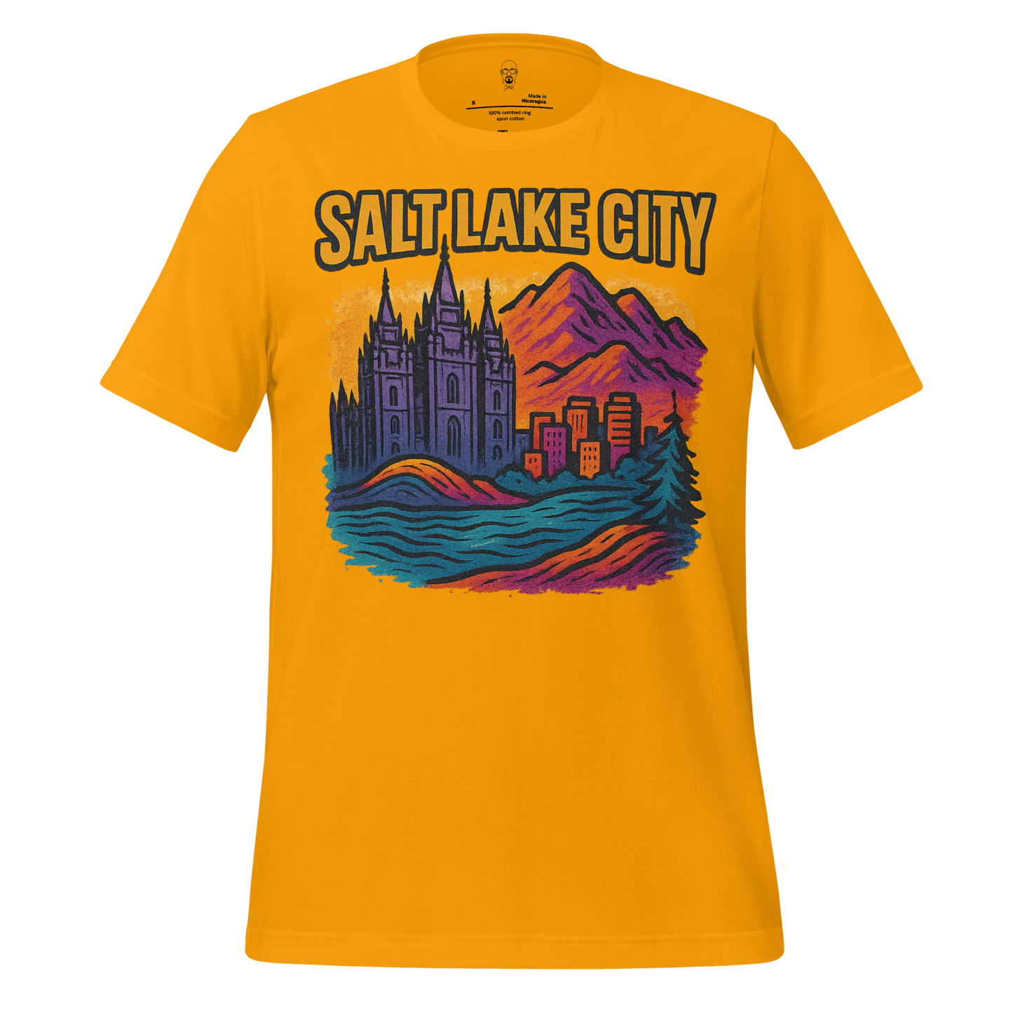 JMK Drip Salt Lake City graphic t-shirt in mustard yellow with cityscape and mountain design
