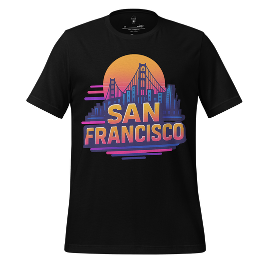 JMK Drip black San Francisco Graphic T-Shirt with colorful Golden Gate Bridge and city skyline design