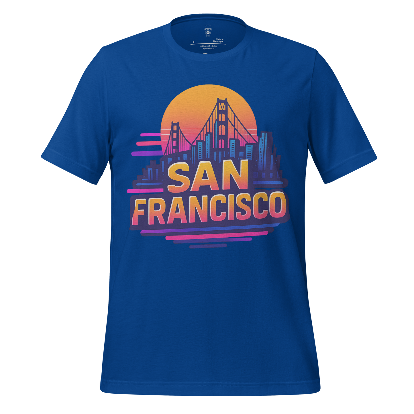 JMK Drip San Francisco Graphic T-Shirt with Golden Gate Bridge and city skyline on blue background