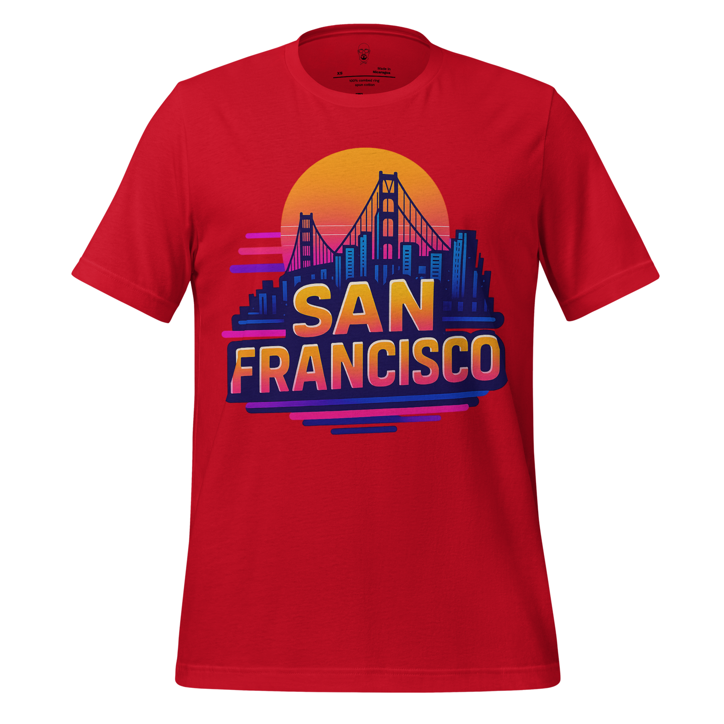 Red JMK Drip San Francisco Graphic T-Shirt with Golden Gate Bridge and city skyline design
