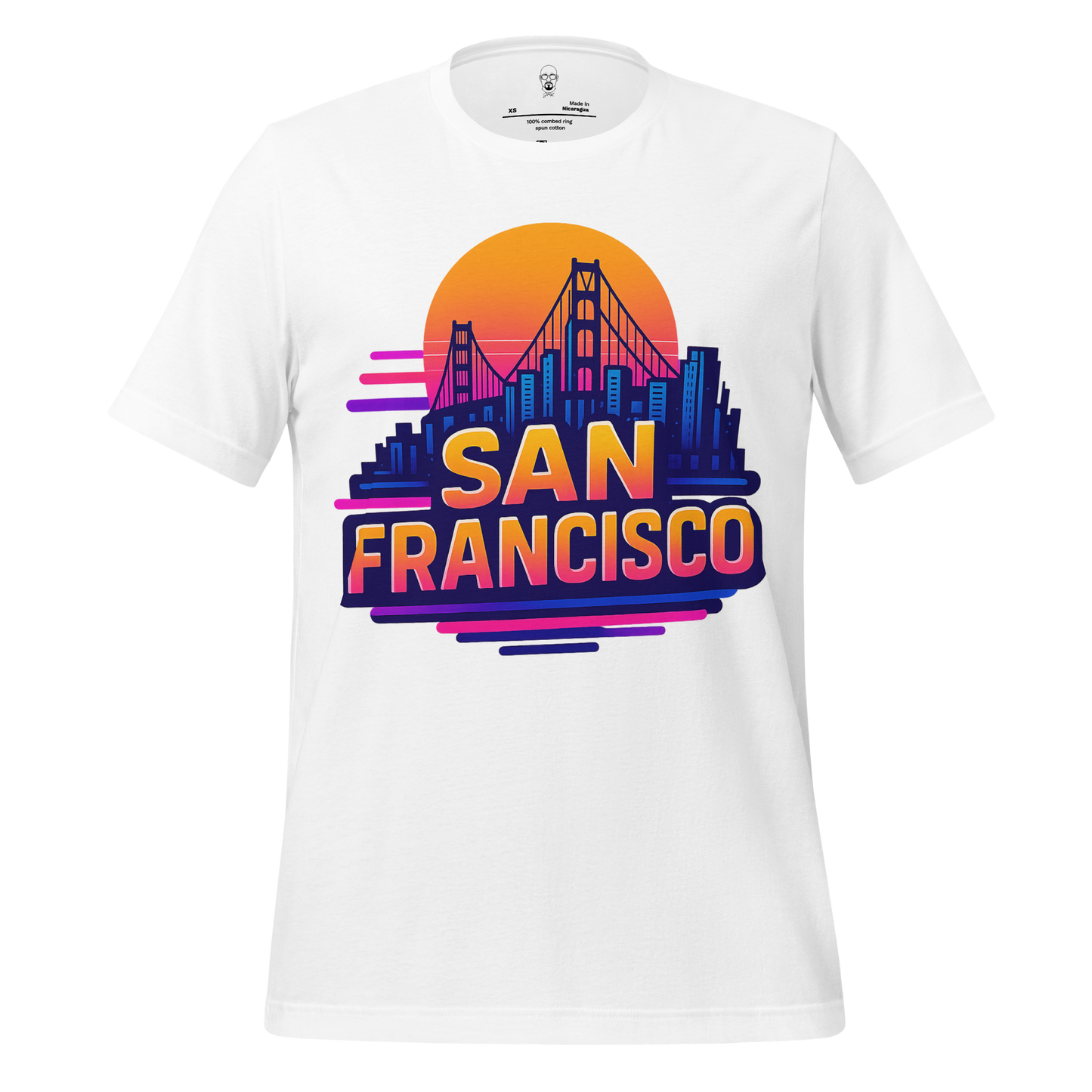 White San Francisco Graphic T-Shirt featuring Golden Gate Bridge and city skyline with sunset background