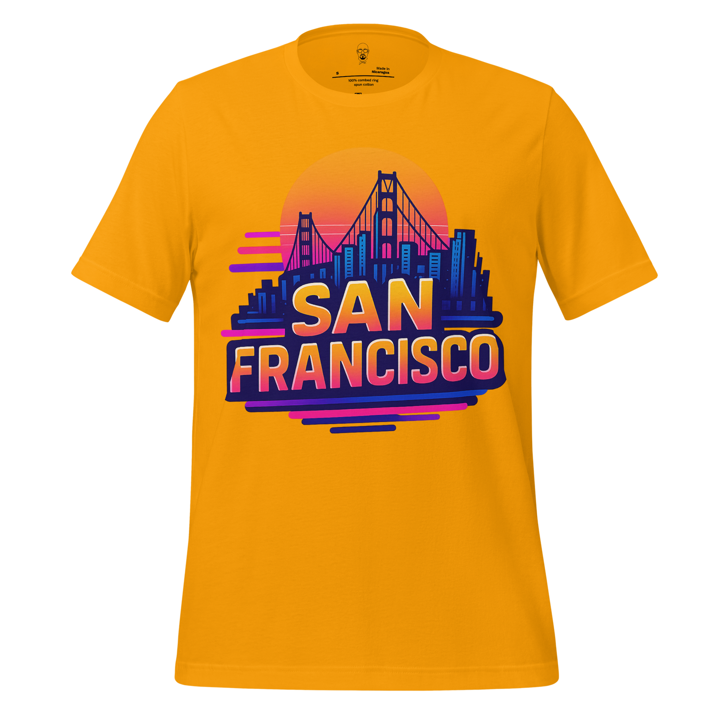 JMK Drip San Francisco Graphic T-Shirt in yellow with Golden Gate Bridge and city skyline design
