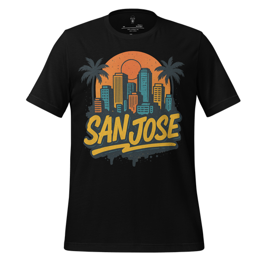 JMK Drip San Jose Graphic T-Shirt black with city skyline and palm tree design