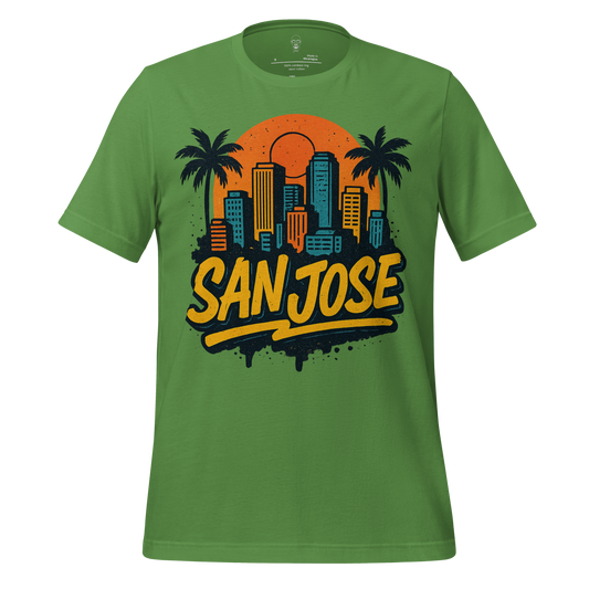 Green San Jose Graphic T-Shirt with city skyline and palm tree design by JMK Drip