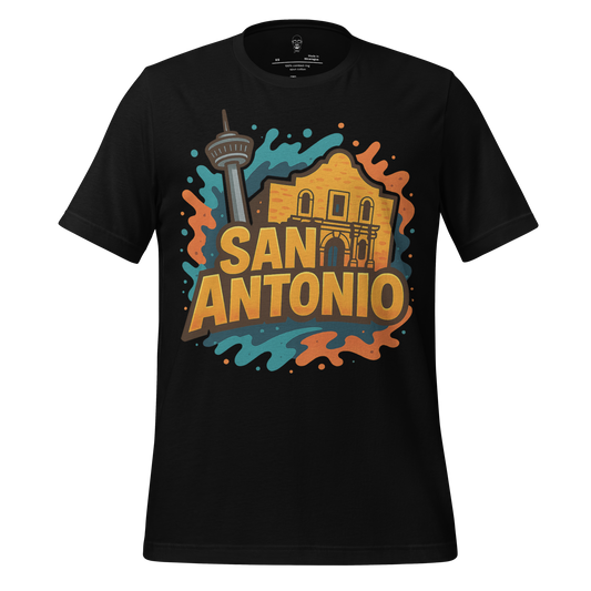 JMK Drip black San Antonio graphic t-shirt with colorful Alamo and Tower of the Americas design