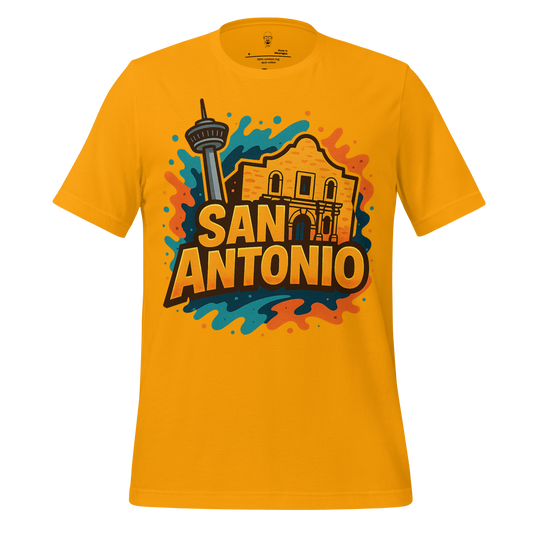Yellow San Antonio graphic t-shirt featuring city landmarks with colorful splash design