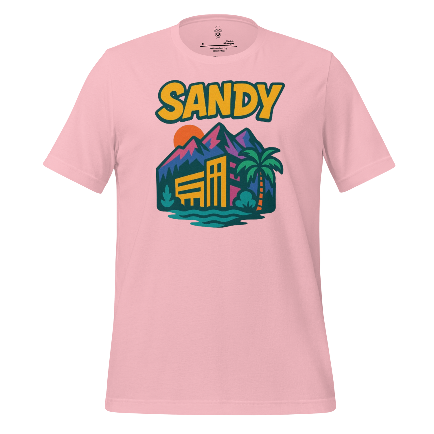 JMK Drip pink Sandy graphic t-shirt with colorful mountain, sun, building, and palm tree design