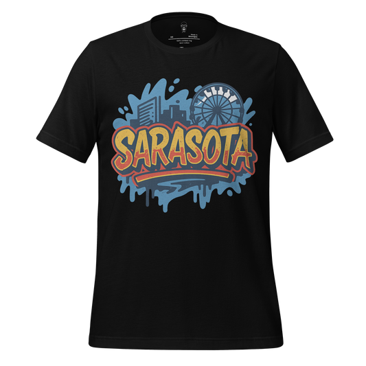 Black Sarasota Graphic T-Shirt with colorful cityscape and Ferris wheel design
