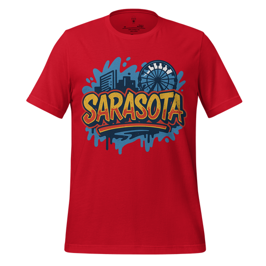 Red Sarasota Graphic T-Shirt with city skyline and Ferris wheel design on front