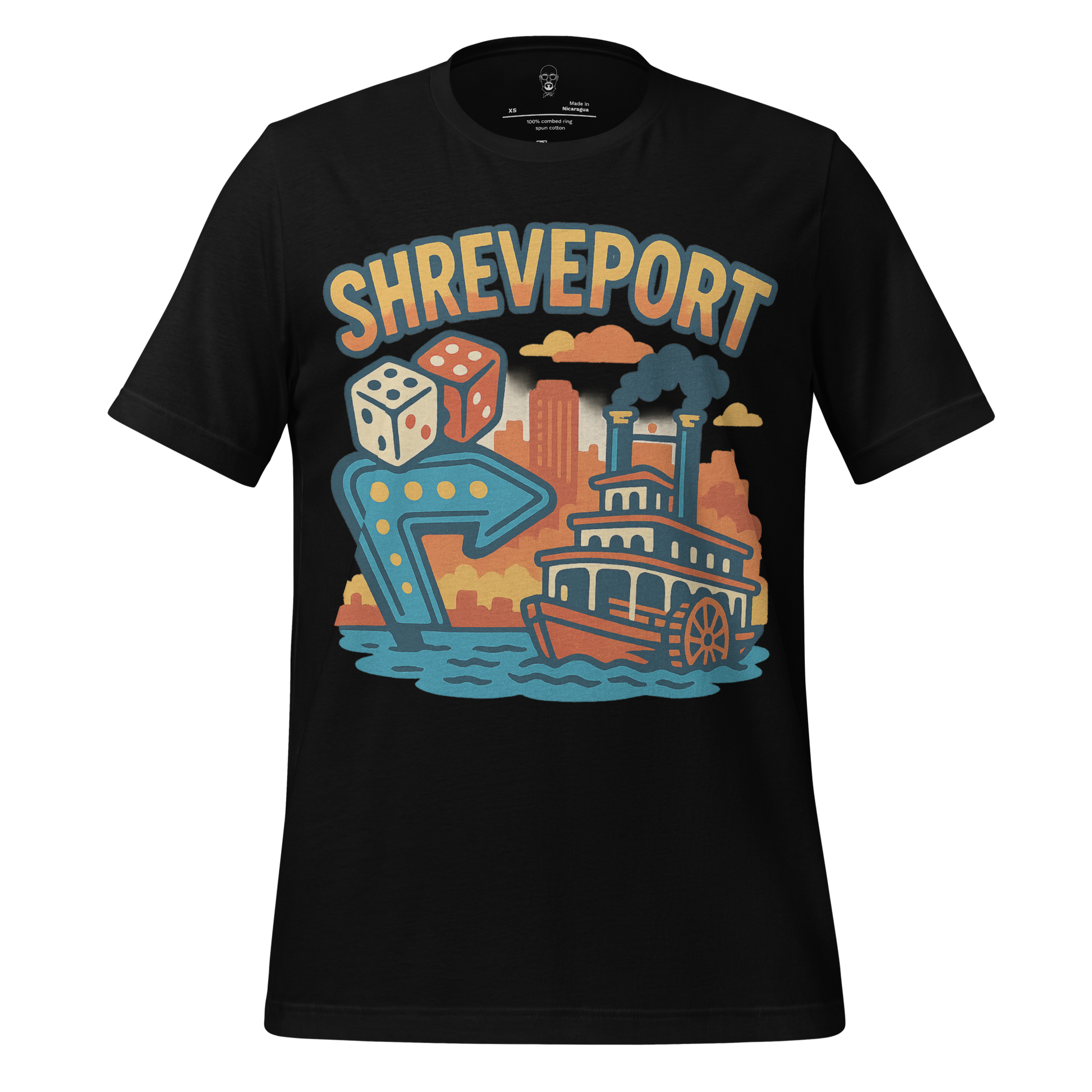 JMK Drip Shreveport graphic t-shirt with riverboat, dice, and city skyline design on black