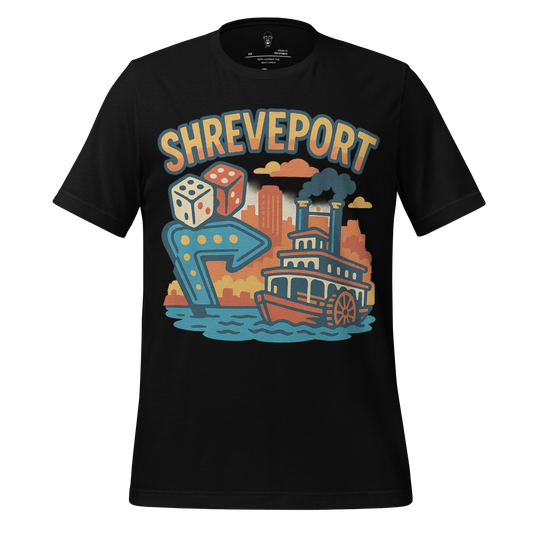 JMK Drip Shreveport graphic t-shirt with riverboat, dice, and city skyline design on black