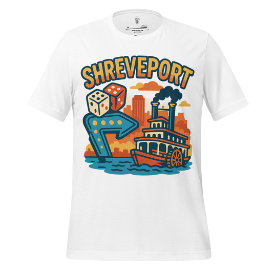 White Shreveport graphic t-shirt with colorful steamboat, dice, and city skyline design