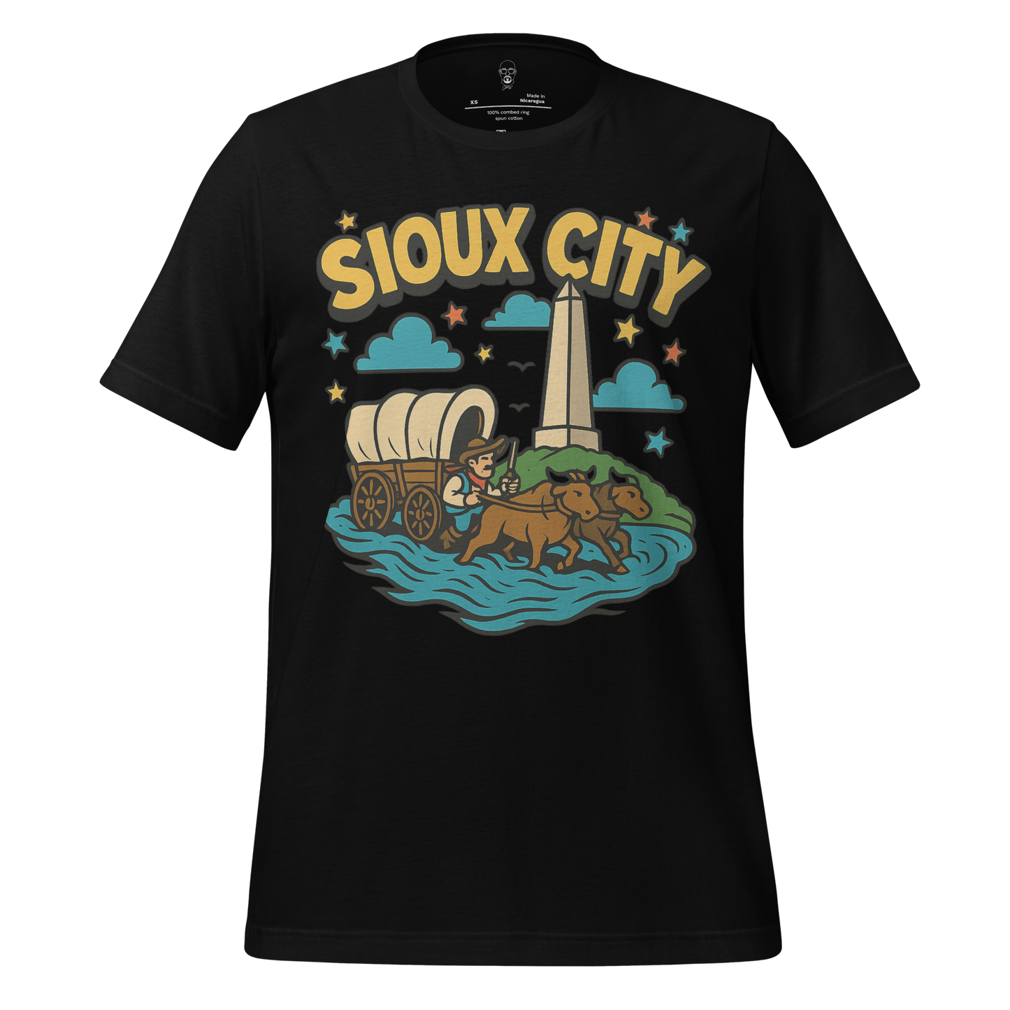 JMK Drip Sioux City Graphic T-Shirt with vintage wagon and lighthouse design on black fabric