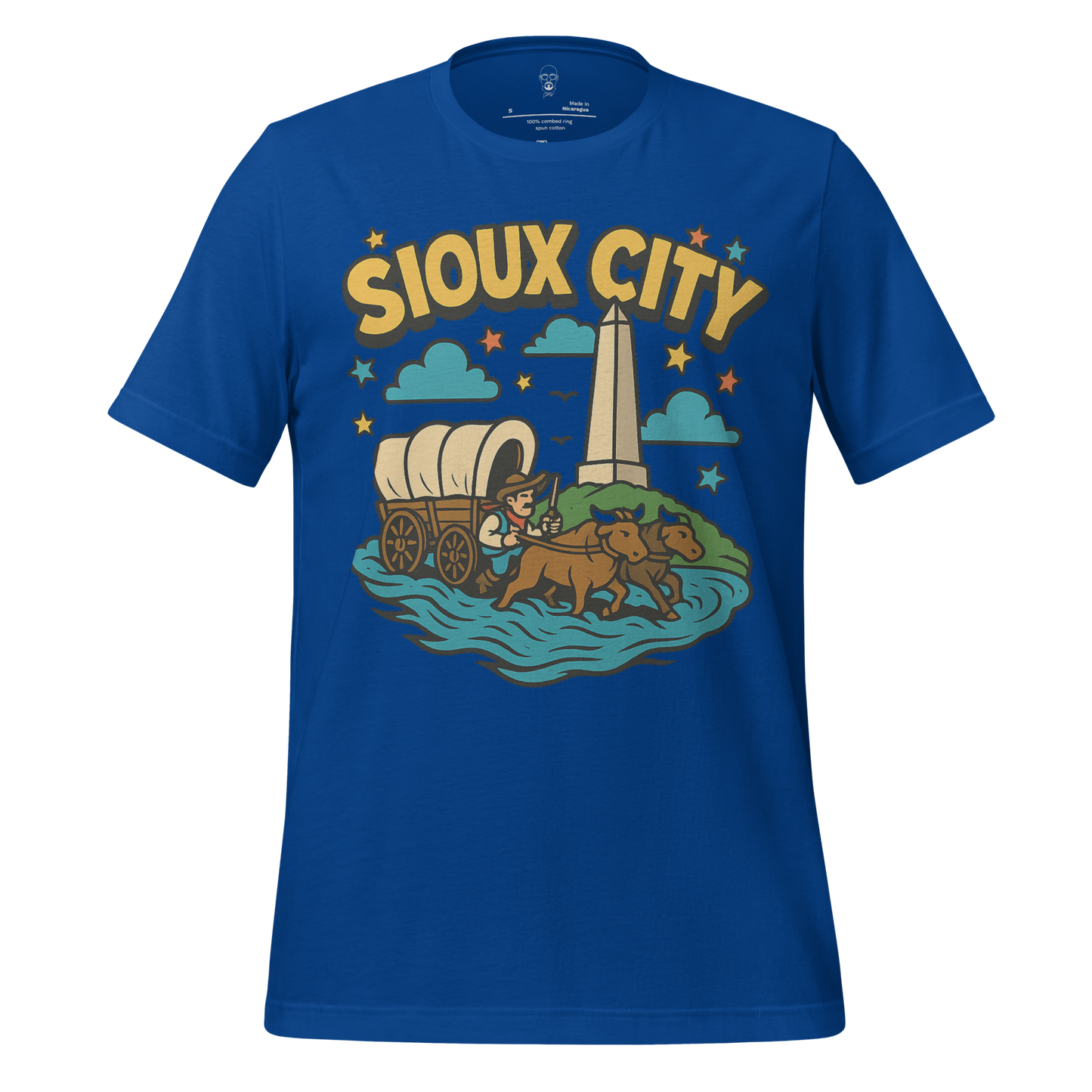 JMK Drip Sioux City Graphic T-Shirt in blue with wagon and landmark design