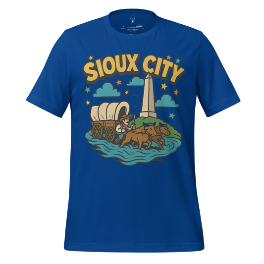 JMK Drip Sioux City Graphic T-Shirt in blue with wagon and landmark design
