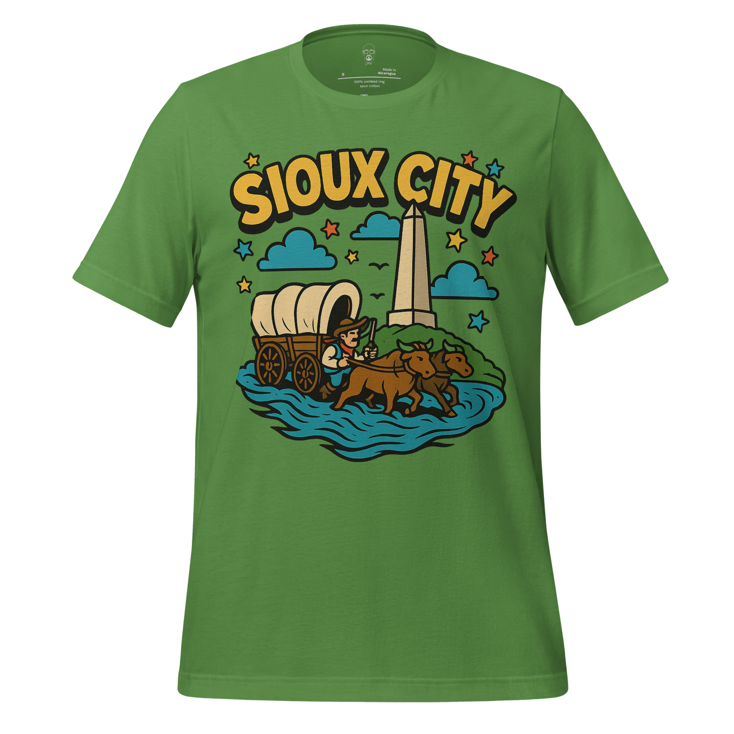 Green Sioux City Graphic T-Shirt with wagon, oxen, monument, and starry sky design