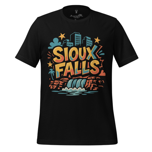 Black Sioux Falls graphic tee with colorful cityscape and waterfall design by JMK Drip