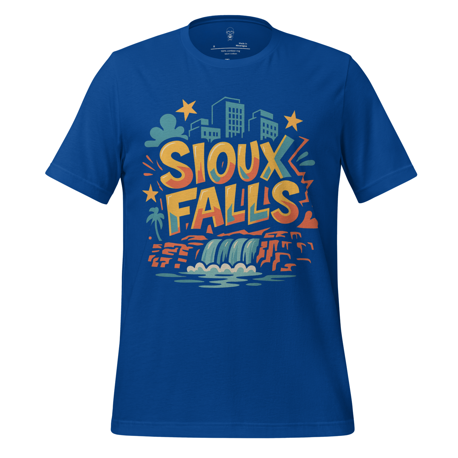 Blue Sioux Falls graphic tee by JMK Drip featuring city skyline and waterfall design