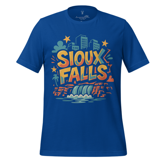 Blue Sioux Falls graphic tee by JMK Drip featuring city skyline and waterfall design