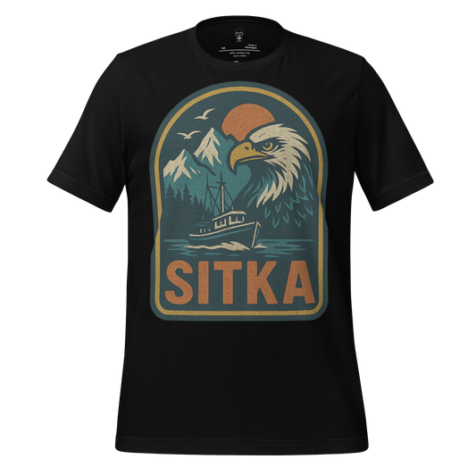 Black Sitka Graphic T-Shirt by JMK Drip featuring eagle, mountain, and boat design