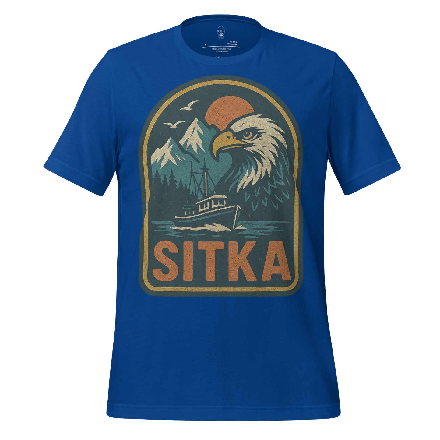 JMK Drip blue Sitka Graphic T-Shirt featuring eagle, mountains, boat, and sunset design