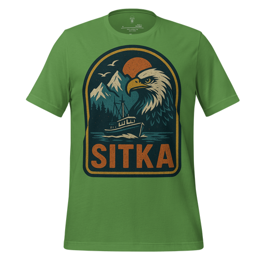 Green Sitka Graphic T-Shirt featuring eagle, boat, mountains, and sunset design by JMK Drip