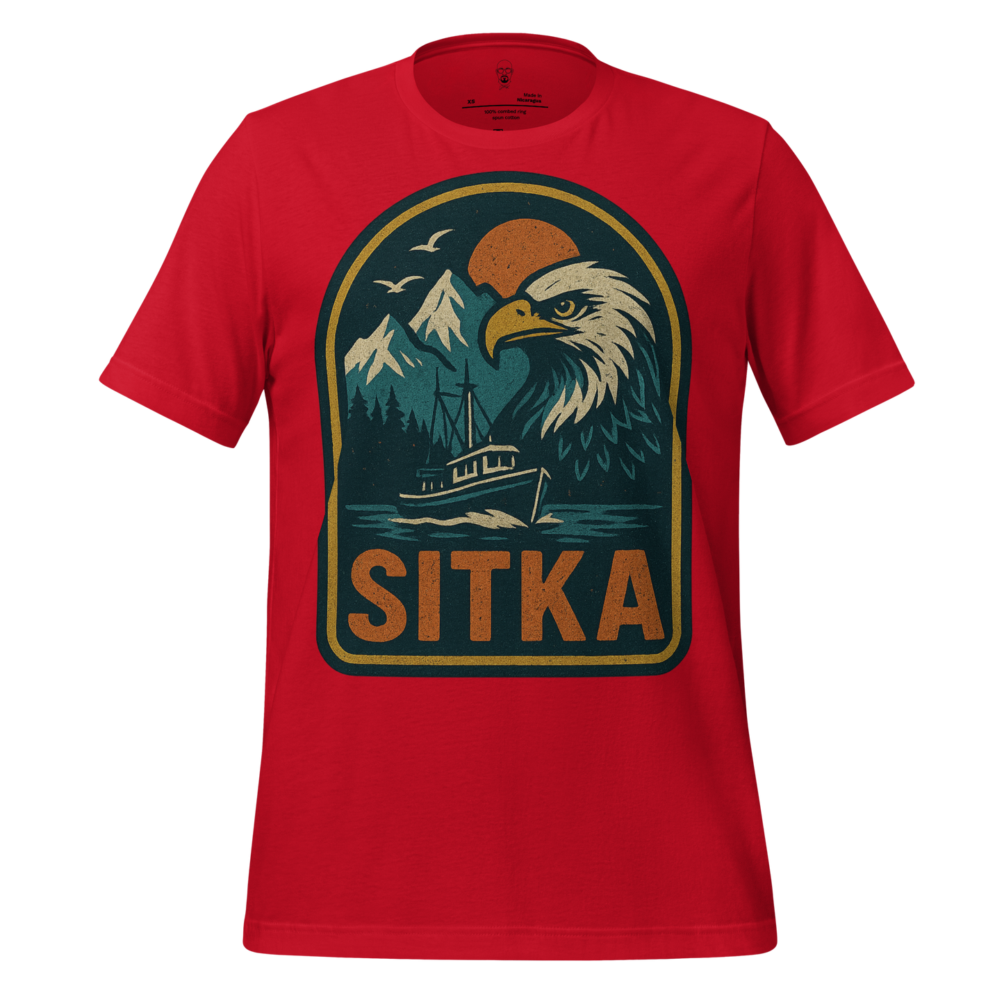 Red Sitka Graphic T-Shirt with eagle, boat, and mountain design by JMK Drip