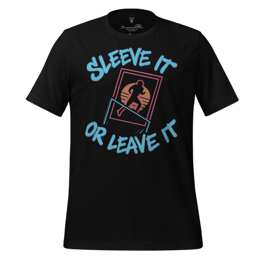 Black JMK Drip sleeve it or leave it shirt with blue text and running athlete graphic